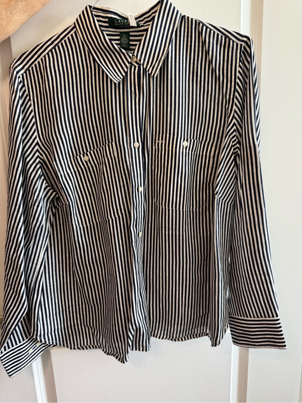 Ralph Lauren Navy and White Vertical Stripe Button-Down linen Shirt